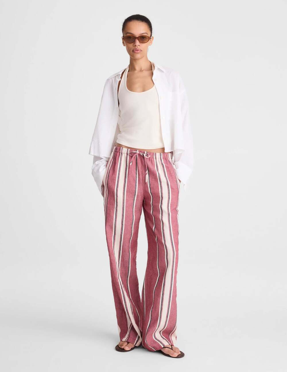 Madewell Pull-On Pants Linen Cotton Red Currant Striped Relaxed Small NWT
